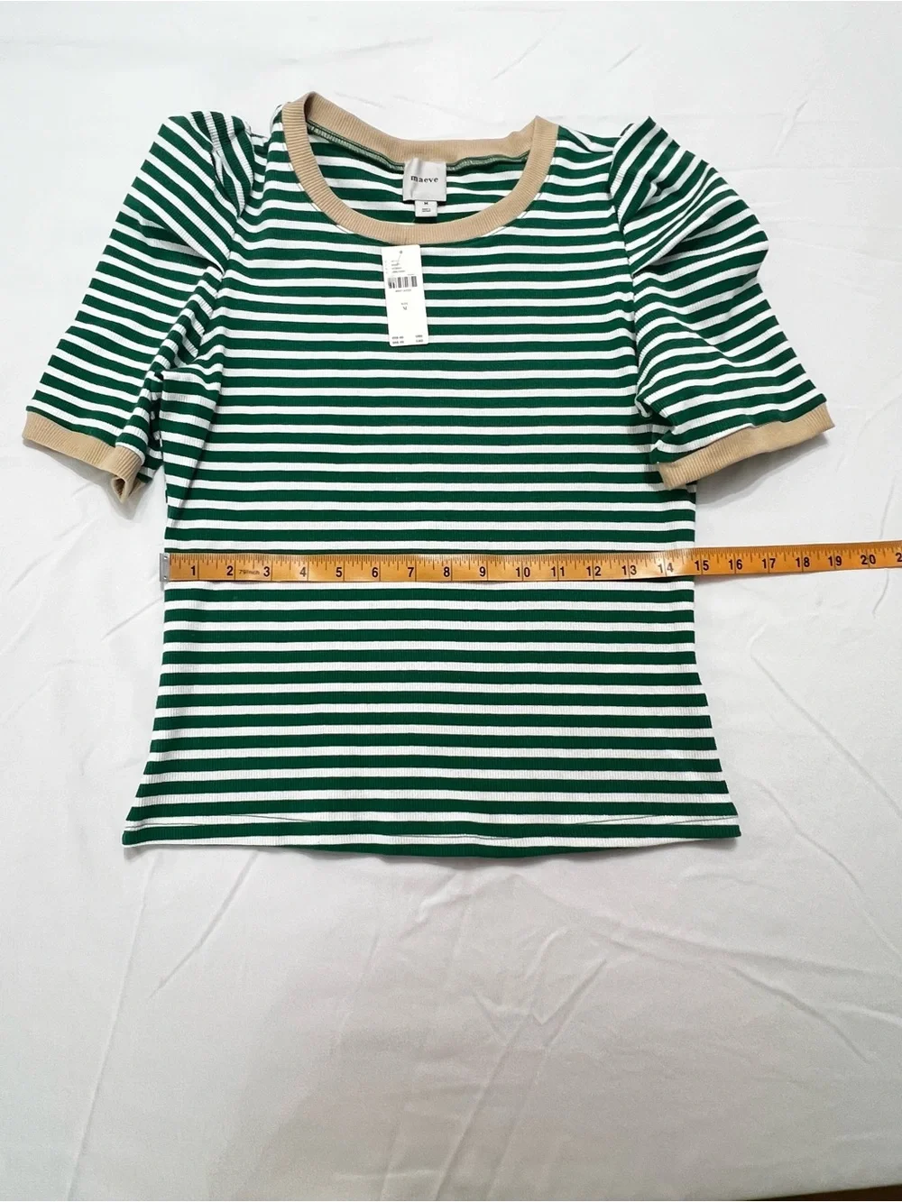NWT Maeve Anthropologie Green Stripe Puff Sleeve Rib Knit Top M - Picture 8 of 12